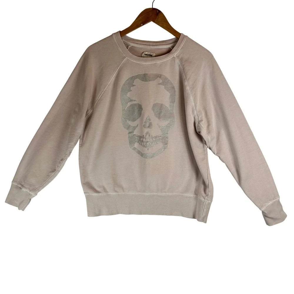 Zadig & Voltaire Womens Pink Skull Graphic Raglan Sweatshirt Silver Metallic M - Picture 1 of 9